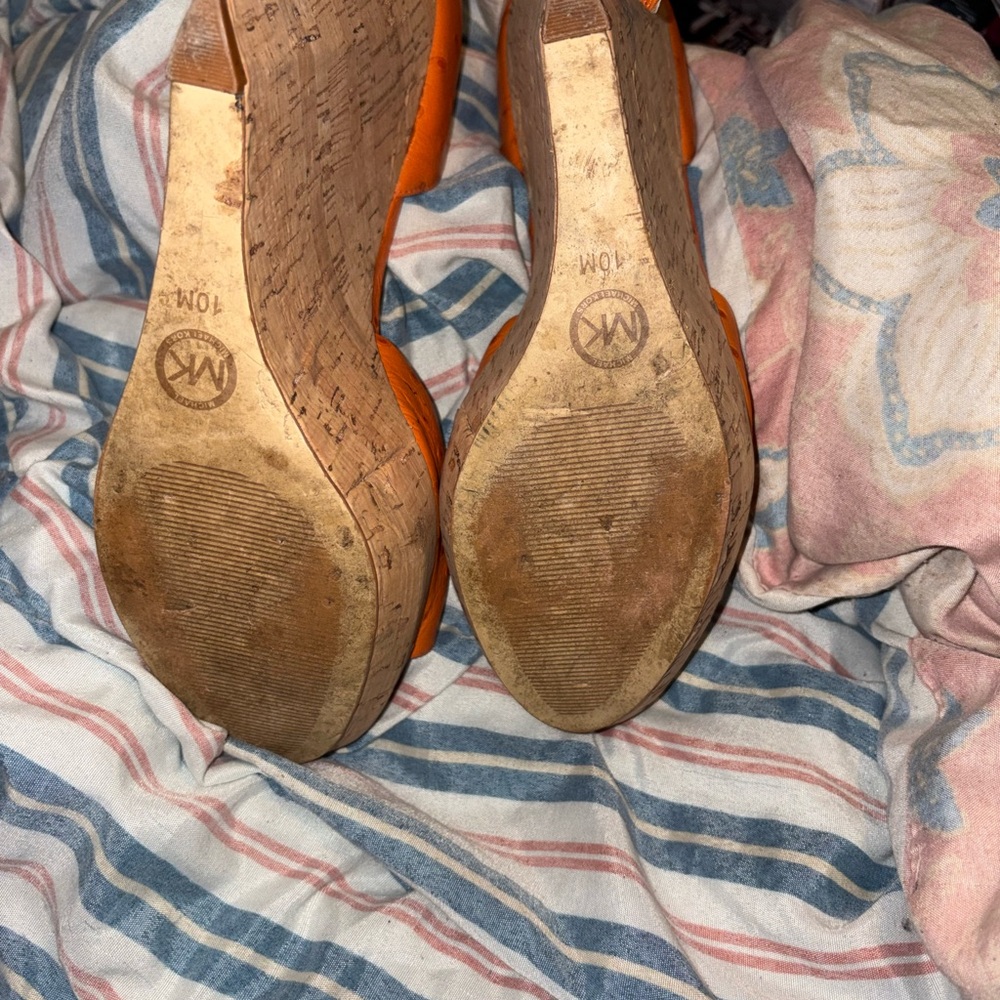 Michael Kors Orange Leather Peep-Toe Wedge Sandals - Picture 3 of 4